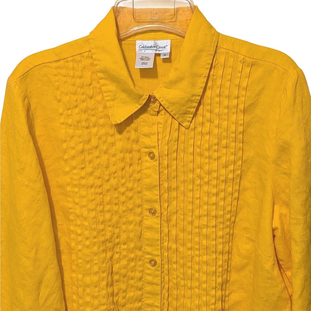 Coldwater Creek Yellow Linen Pintuck 3/4 Sleeve Button Down Shirt M Preppy Chic